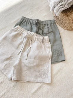 Women FLWRS by Chloe Hayward FLWRS Embroidered Linen Shorts - Sage