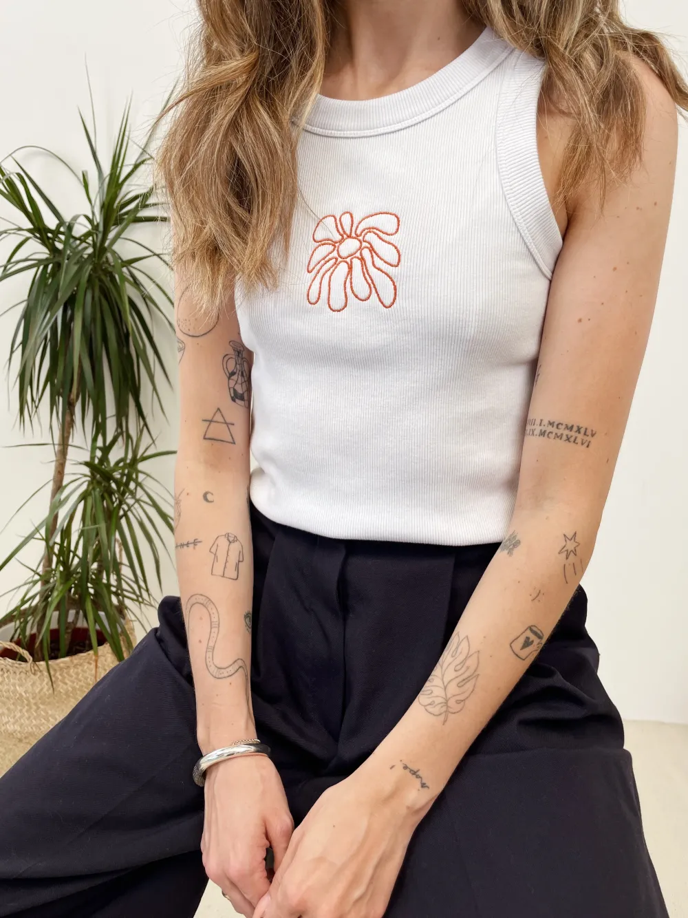 FLWRS by Chloe Hayward FLWRS Organic Embroidered Rib Tank - White